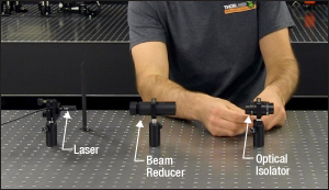 The DIY beam reducer shown in place between the laser and the free-space isolator.