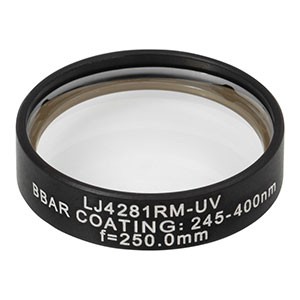 LJ4281RM-UV - f = 250.0 mm, Ø1in, UVFS Mounted Plano-Convex Round Cyl Lens, ARC: 245 - 400 nm