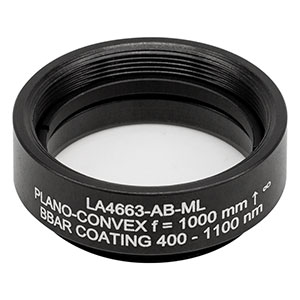 LA4663-AB-ML - Ø1in UVFS Plano-Convex Lens, SM1-Threaded Mount, f = 1000 mm, ARC: 400 - 1100 nm